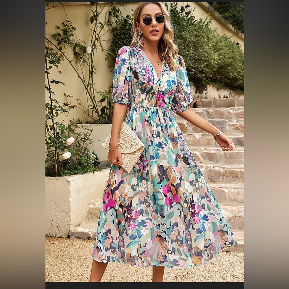Floral Multicolor Midi Dress with Puff Sleeves